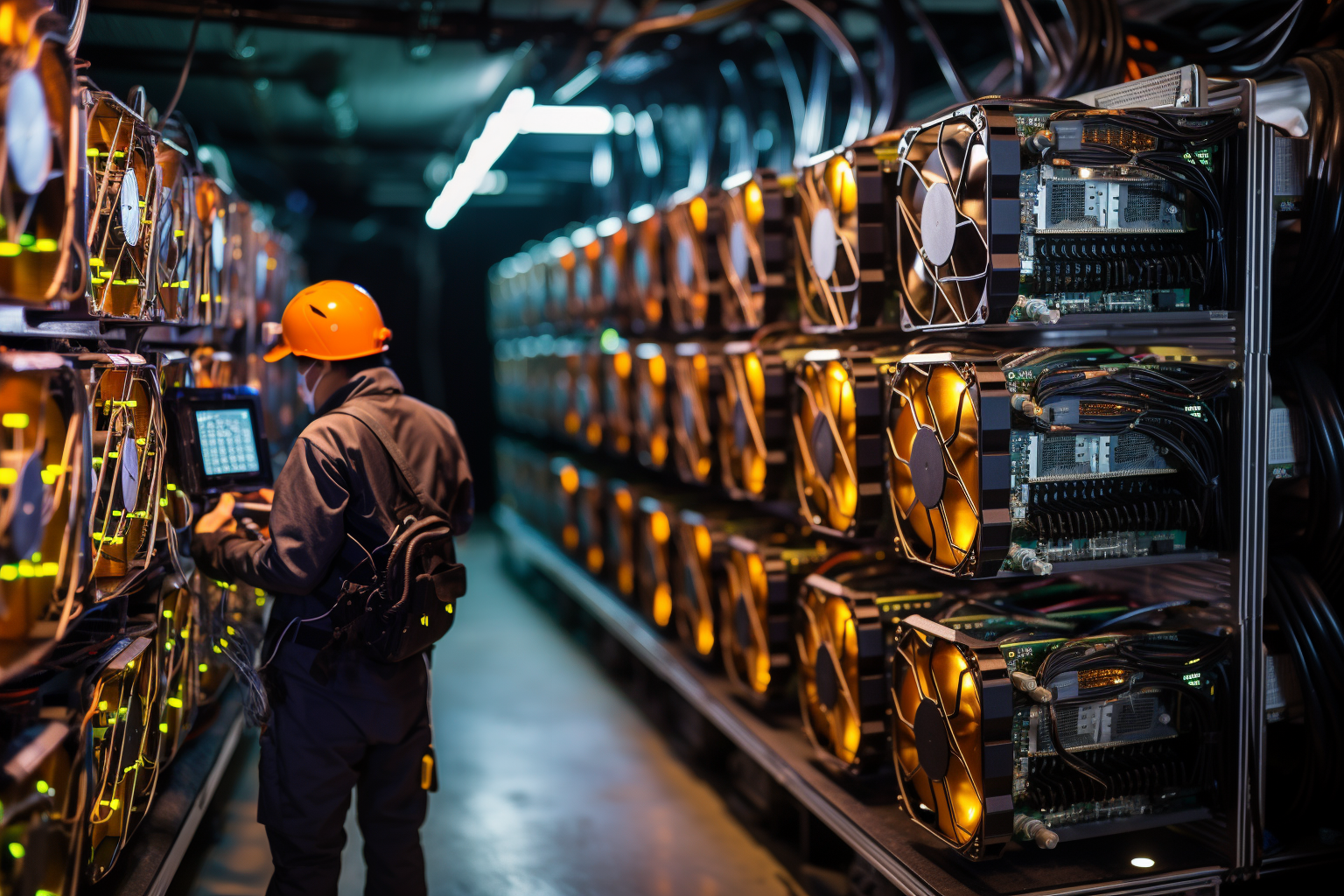 Exemple d'une ferme de minage où sont regroupés des rigs de minage